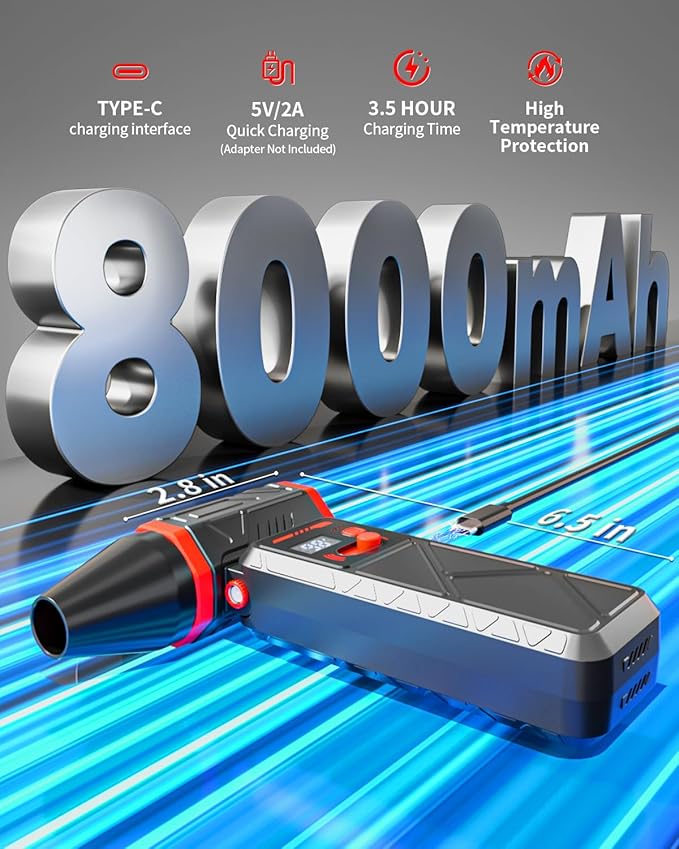 Compressed Air Duster, 150000RPM Electric Air Duster with Stepless Speed, 90° Adjustable Nozzle, Digital Display & LED Light, Cordless Rechargeable Air Blower for Keyboard, Computer, Car, Home,Outdoor