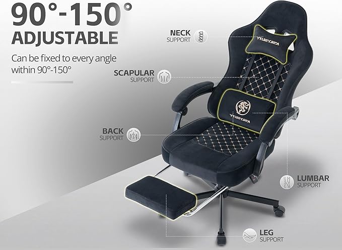 Gaming Chair for Adults with Footrest and Lumbar Support, Height Adjustable Game Chair with 360°-Swivel Seat and Headrest and for Office or Gaming (Black Fabric)