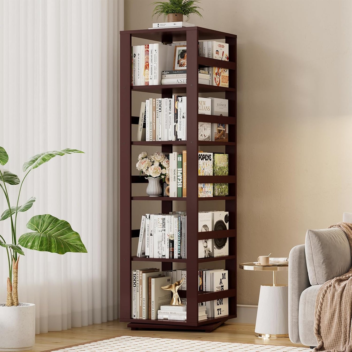 Homykic Rotating Bookshelf, Bamboo 360 Display Spinning Bookshelf Tower, 5-Tier Small Corner Bookcase for Small Spaces, Narrow Revolving Book Shelf Organizer Rack for Home Office, Espresso