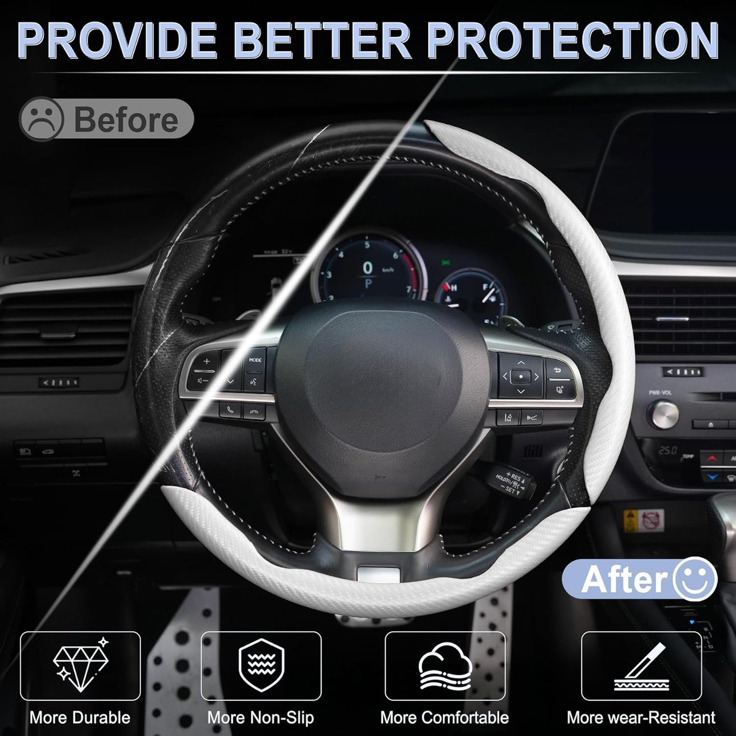 Amiss 3pcs Carbon Fiber Anti-Skid Steering Wheel Cover, Segmented & Butterfly Design, Universal 99% Car Wheel Cover Protector, White