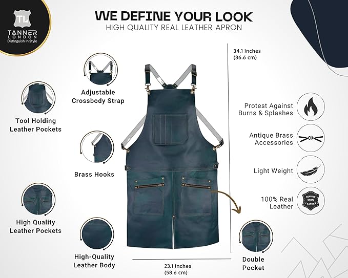 Premium Leather Apron, 2 Zip Pockets, Tool Holder, Split Leg, Unisex, Brown/Black/Green