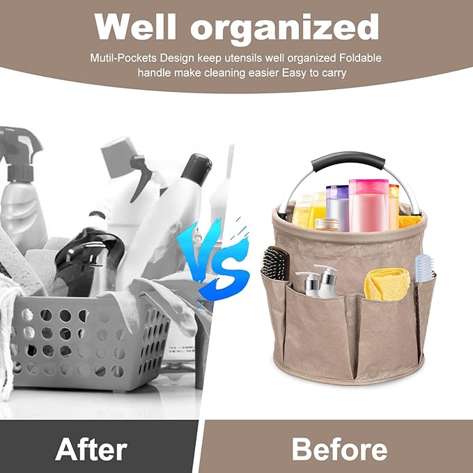 Qivine Cleaning Caddy for Cleaning Supplies, 17L Cleaning Supply Caddy with Handle Foldable Cleaning Supplies Organizer Bucket Tool Bag Organizer Cleaning Products Organizers for Home, Garden (Khaki)