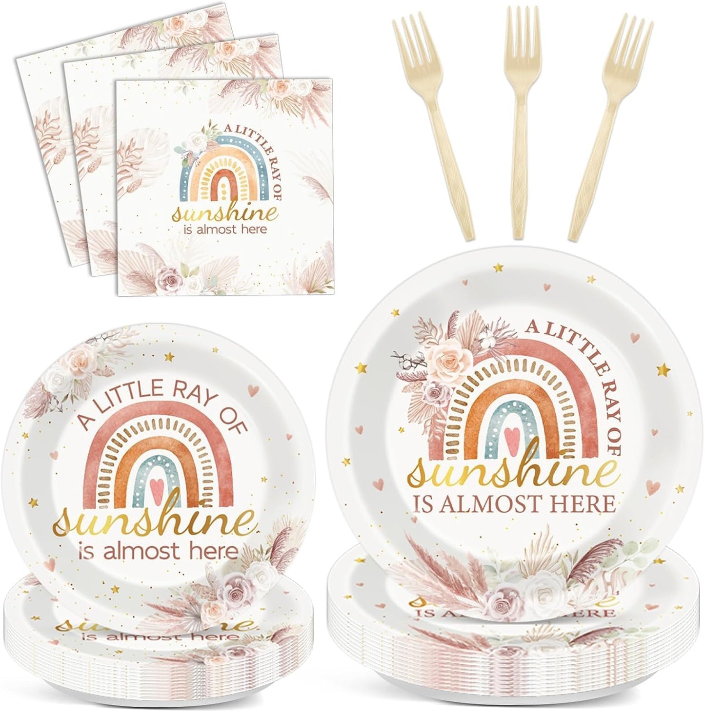96 Pcs Boho Rainbow Party Decorations Floral Boho Tableware Set Boho Rainbow Birthday Plates Napkins Forks for Girl Boy Baby Shower Ray of Sunshine Birthday Dinnerware Party Supplies 24 Guests