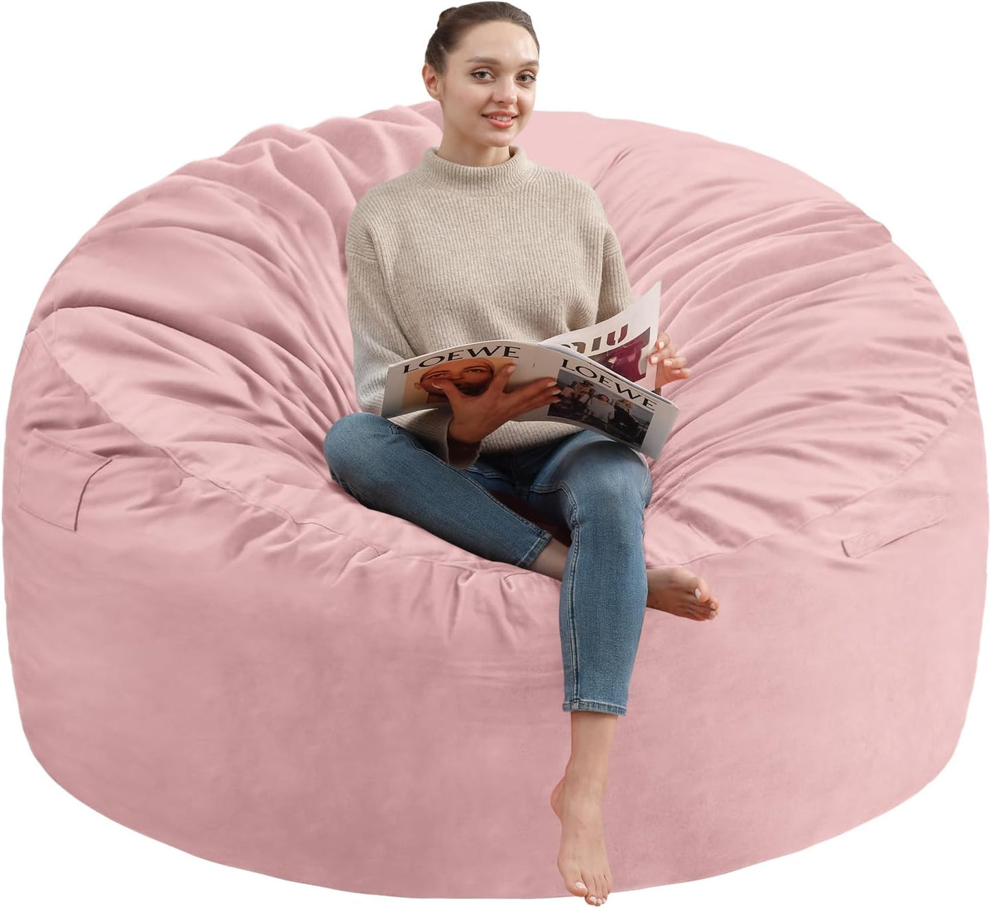 3FT Bean Bag Chair, Comfy Bean Bag Chairs with Memory Foam Filled, Fluffy Beanbag Sofa with Dutch Velvet Cover, Round BeanBag Chairs for Living Room, Playroom - Light Pink