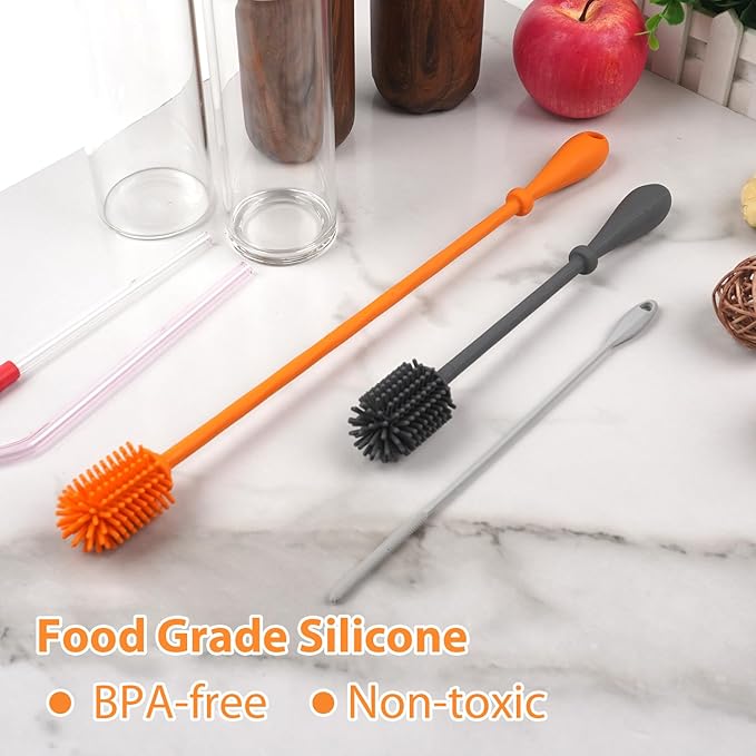 LeMuna Silicone Bottle Brush, Water Bottle Cleaner Brush Set with Silicone Straw Brush for Narrow Neck Containers, Hydro Flask, Sports Bottle, Glassware