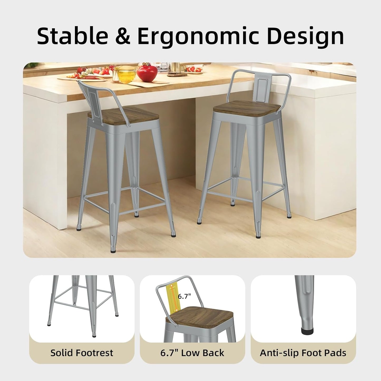 Silver Bar Stools Set of 4, Metal Bar Stools with Wooden Seat, Modern 30”Counter Height Barstools with Low Back