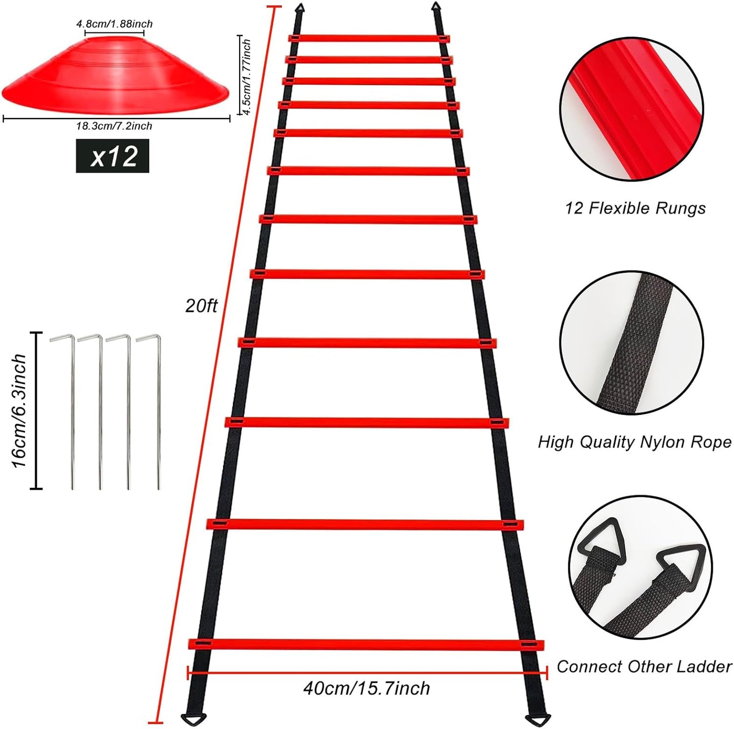 Professional Agility Ladder Speed Training Equipment Set-20ft Agility Ladder,12 Soccer Cones, 4 Agility Hurdles, Running Parachute, Suitable for Soccer Football Basketball Training