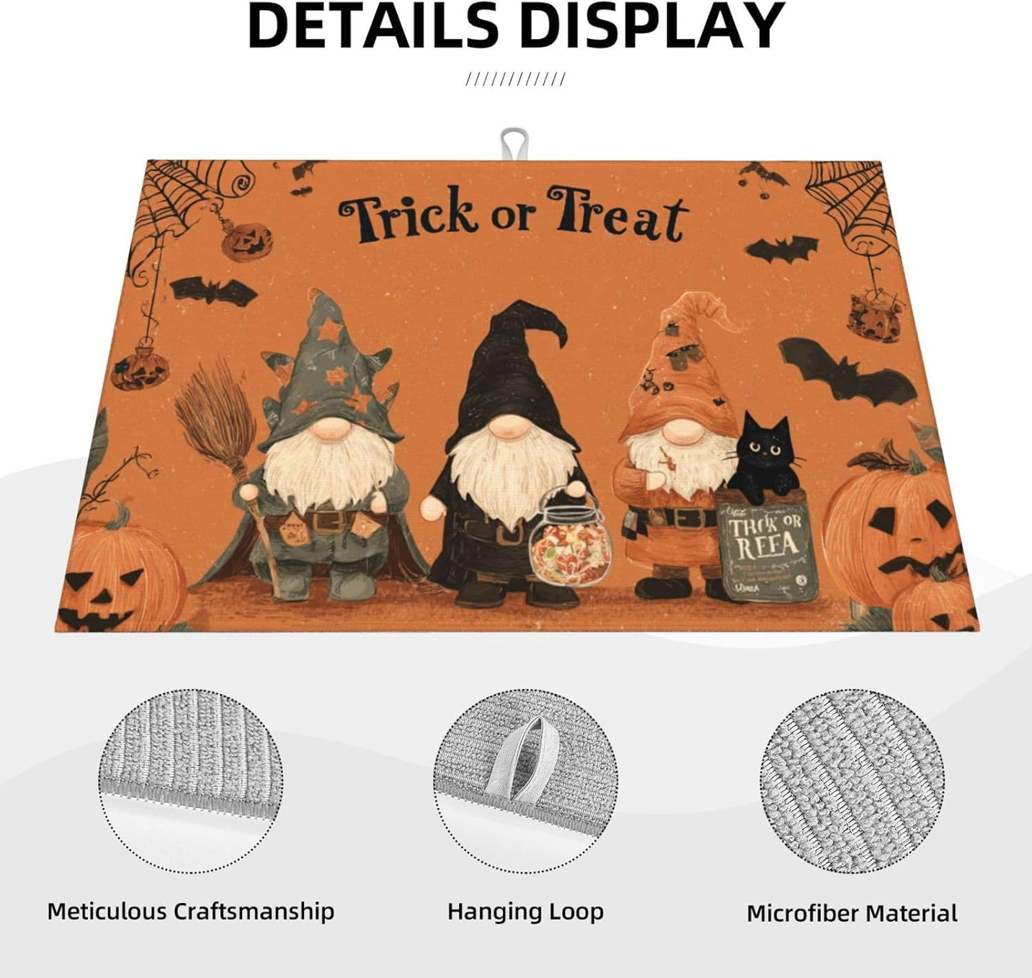 Dish Drying Mat Gnomes Halloween Pumpkin for Kitchen Counter Absorbent 18x24 Inch Microfiber Dishes Plate Glass Dry Draining Pad Reversible Washable