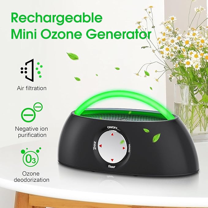 Rechargeable Ozone Generator with Negative Ion Air Purifier, 3000mAh Portable Odor Eliminator for Cat Litter Box, Pets, Kitchen, Shoe Cabinet, Wardrobe, Car & Small Spaces, Type-C Fast Charging