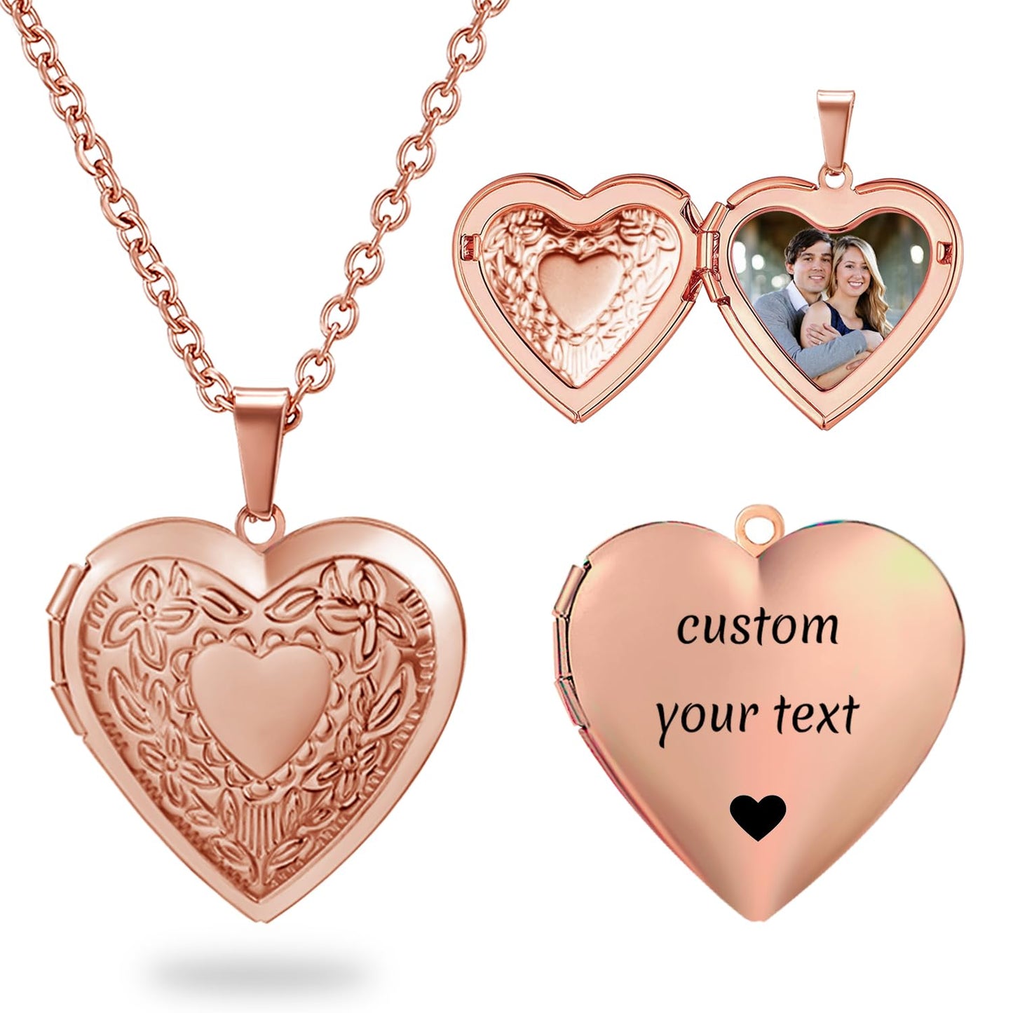 PHOCKSIN Rose Gold Heart Locket Necklace Flower Engraved Personalized Love Heart Necklace that Holds Pictures Customized Gifts Locket Necklaces for Women