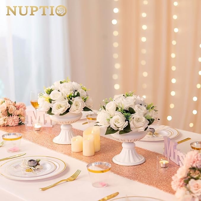 NUPTIO White Flower Centerpieces for Tables: Artificial Flower Ball Arrangement for Wedding Party - 2 Pcs 9.5 Inch Diameter Fake Floral Rose for Bridal Shower Decorations