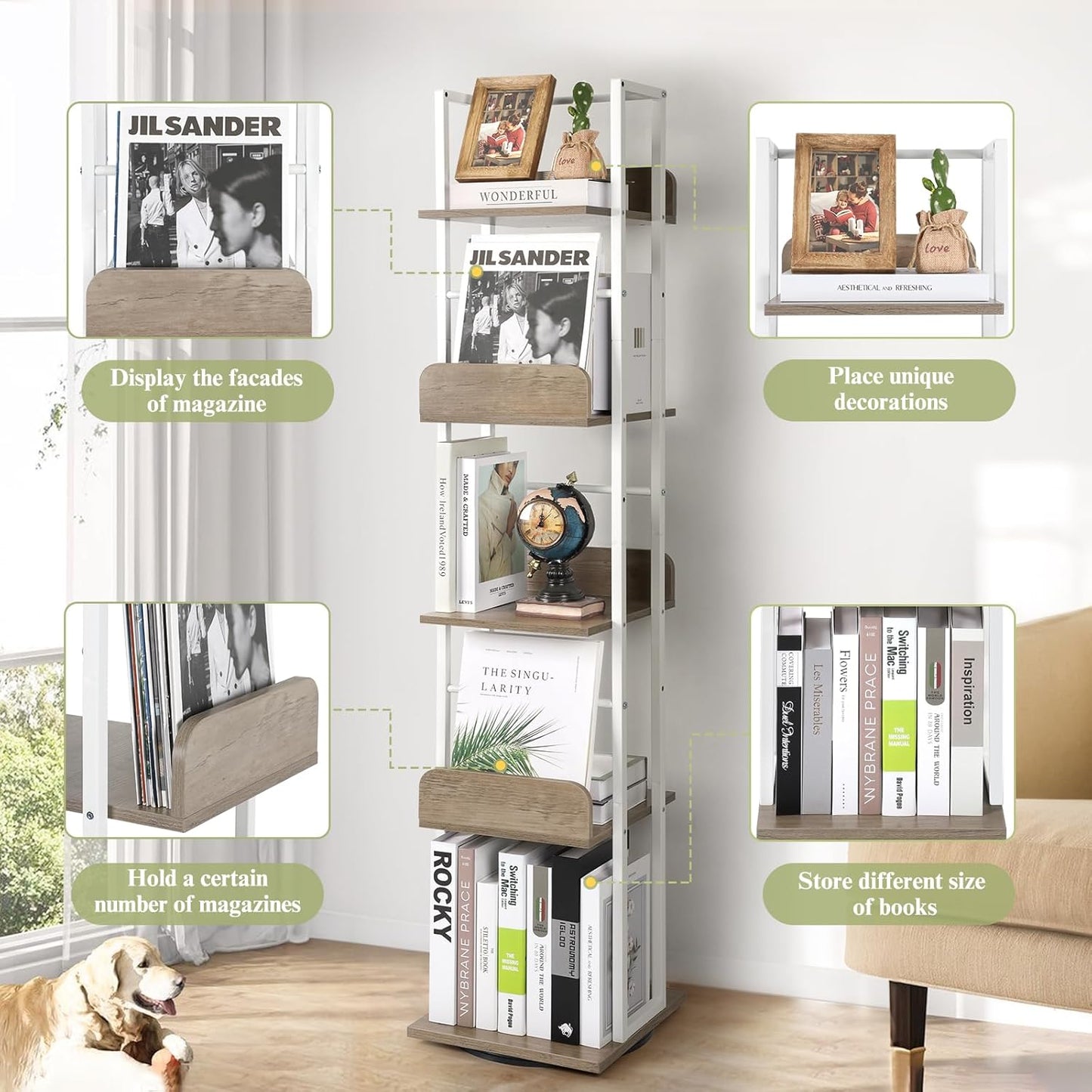 Bikoney Bookshelves 5-Tier, Rotating Bookshelf Tower for Corner, Small Narrow Bookcase, Tall Industrial Bookshelf, Wood and Metal White