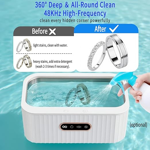 Ultrasonic Jewelry Cleaner, Ultra Sonic Cleaning Machine with 48KHz 4 Modes 400ml 304 Stainless Steel Tank for Glasses Ring Necklace Watch Strap Denture Retainer,Home and Travel Use Gift for Women Men