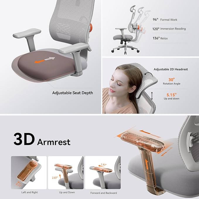 Newtral Office Chair with Lumbar Support- High Back Ergonomic Desk Chair with Adjustable Headrest, 3D Armrest, Adjustable Seat Depth & Height, Home Office