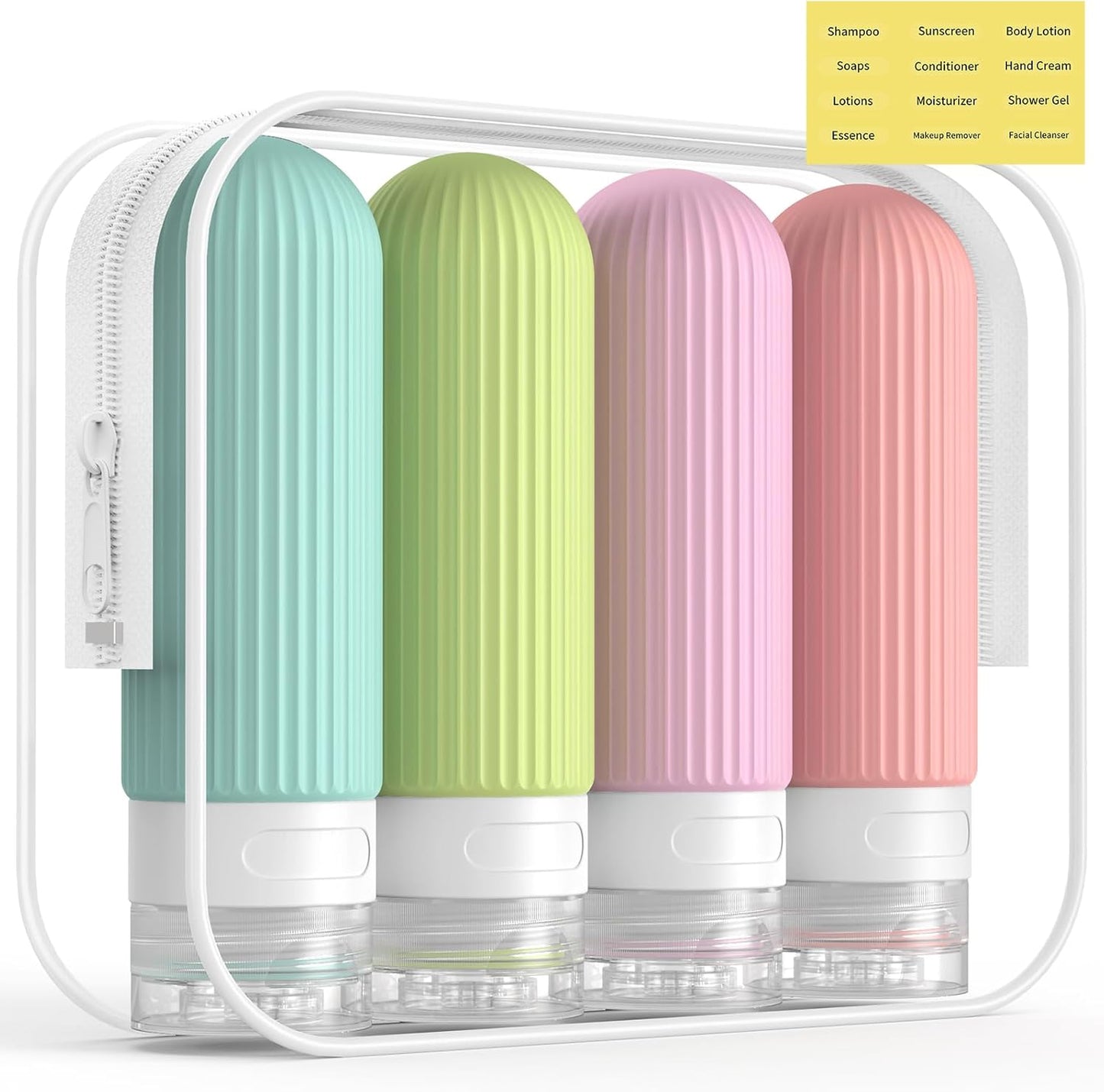 ME.FAN Travel Bottles for Toiletries, TSA Approved 3oz Silicone Journey Size Containers, Portable Split Bottle for Conditioner, Shampoo, Lotion- 4 Pack Bright
