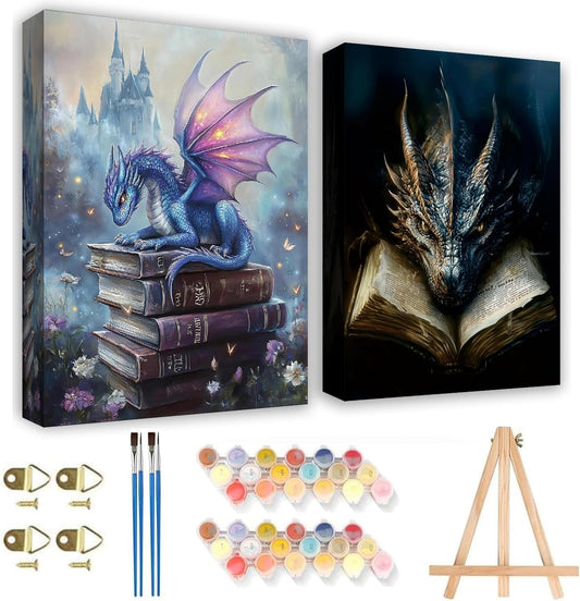 KYOQFVN 2 Pack Dragon Paint by Number Kits for Adults with Frame - Adult Paint by Numbers Kit on Canvas with Wooden Easel, Easy Acrylic Paintng by Numbers for Home Wall Decor8x12inch
