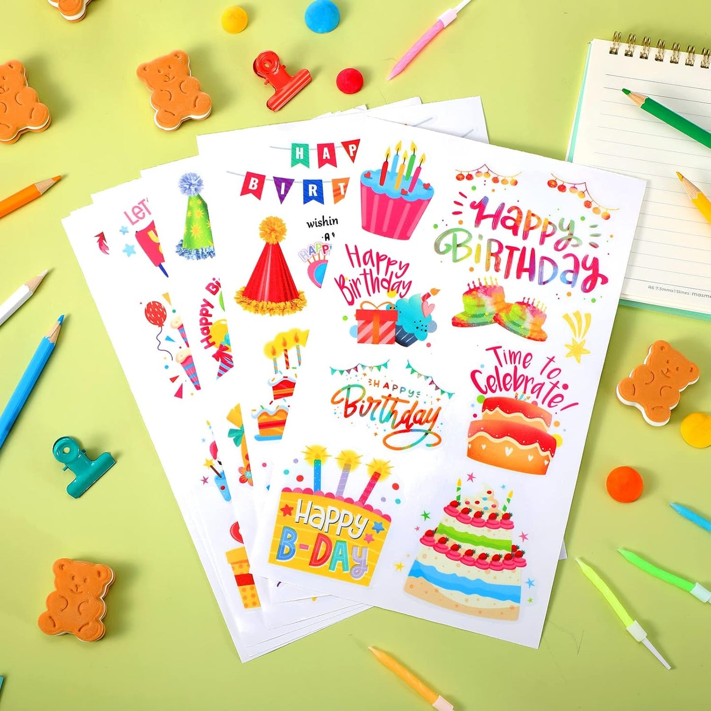 Containlol 6 Sheets Happy Birthday Stickers for Boys Girls Adults Adhesive Scrapbook Cards Stickers for Birthday Party Gift Wrap Home Classroom Decoration