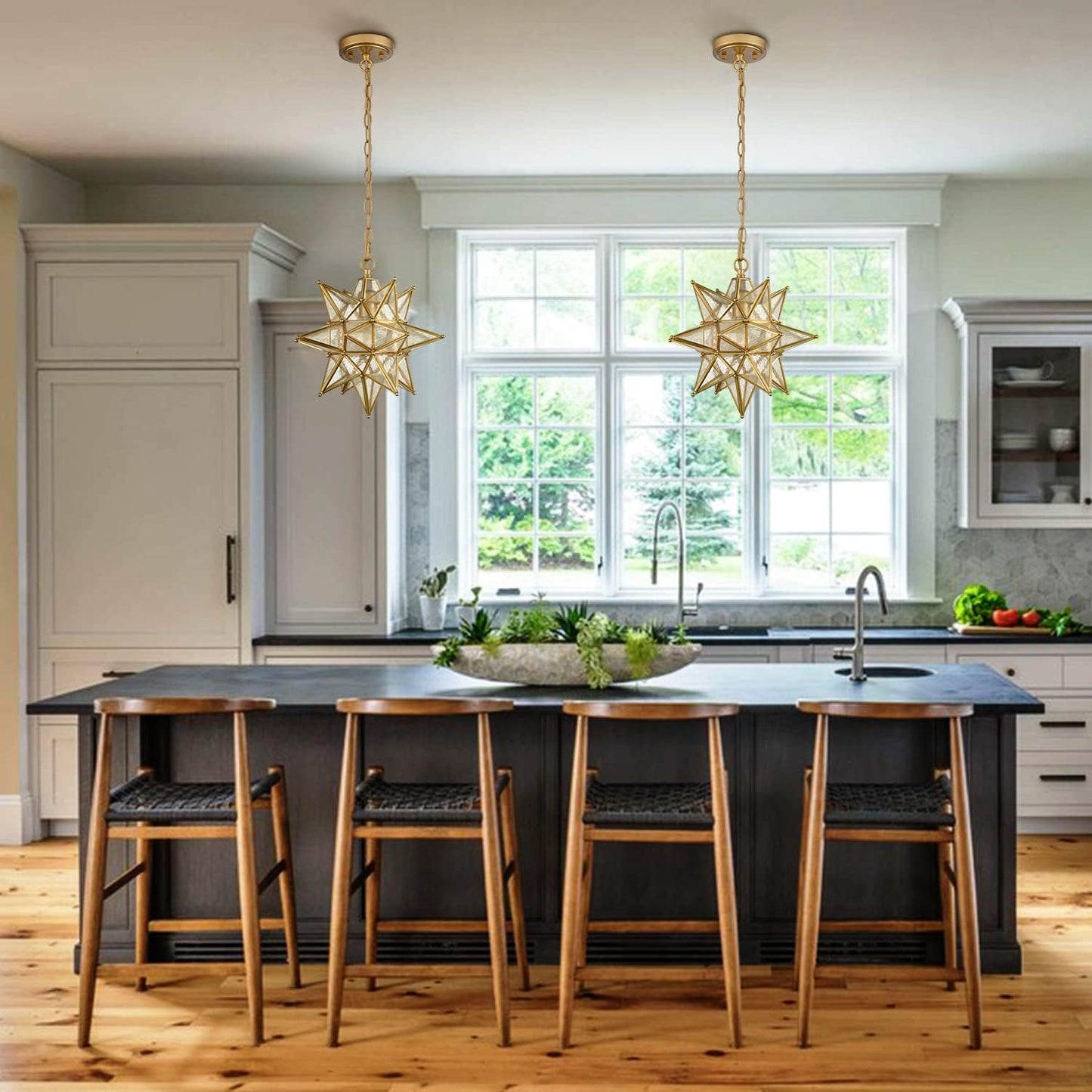 DIRYZON Modern Moravian Star Pendant Light Gold Hanging Ceiling Light Seeded Glass Pendant Lighting for Kitchen Island，13-Inch