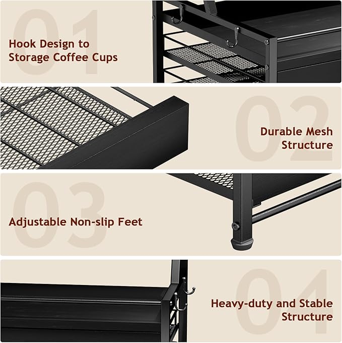 Coffee Syrup Rack Organizer - 4-Tier 8 Syrup Wine Bottles Stand with 82 Storage Drawer for K Cups, Coffee Pod Holder for Countertop, Bar Station, Kitchen, Black