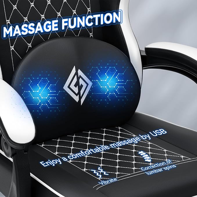 HOFFREE Gaming Chair with Speakers Massage Computer Gaming Chair with Pocket Spring Cushion for Adults Reclining Gamer Chair with Bluetooth Video Game Chairs with Footrest White and Black
