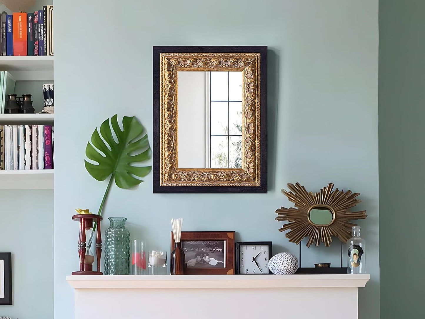 Small French Antique Mirror, 14”x11” Black Vintage Table Mirror for Vanity with Handmade Aging Foil Flower Petal Carvings Wooden Frame (Black and Gold, 14”x11”)
