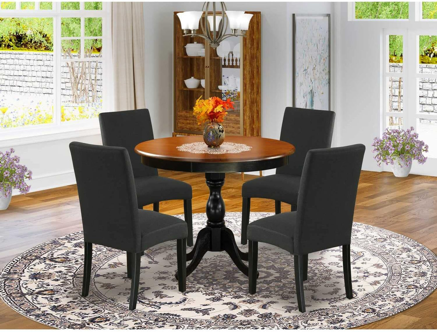 East West Furniture AMDA5-BCH-C 5 Piece Dining Room Table Set Includes a Round Kitchen Table with Pedestal and 4 Linen Fabric Upholstered Dining Chairs, 36x36 Inch, Black & Cherry