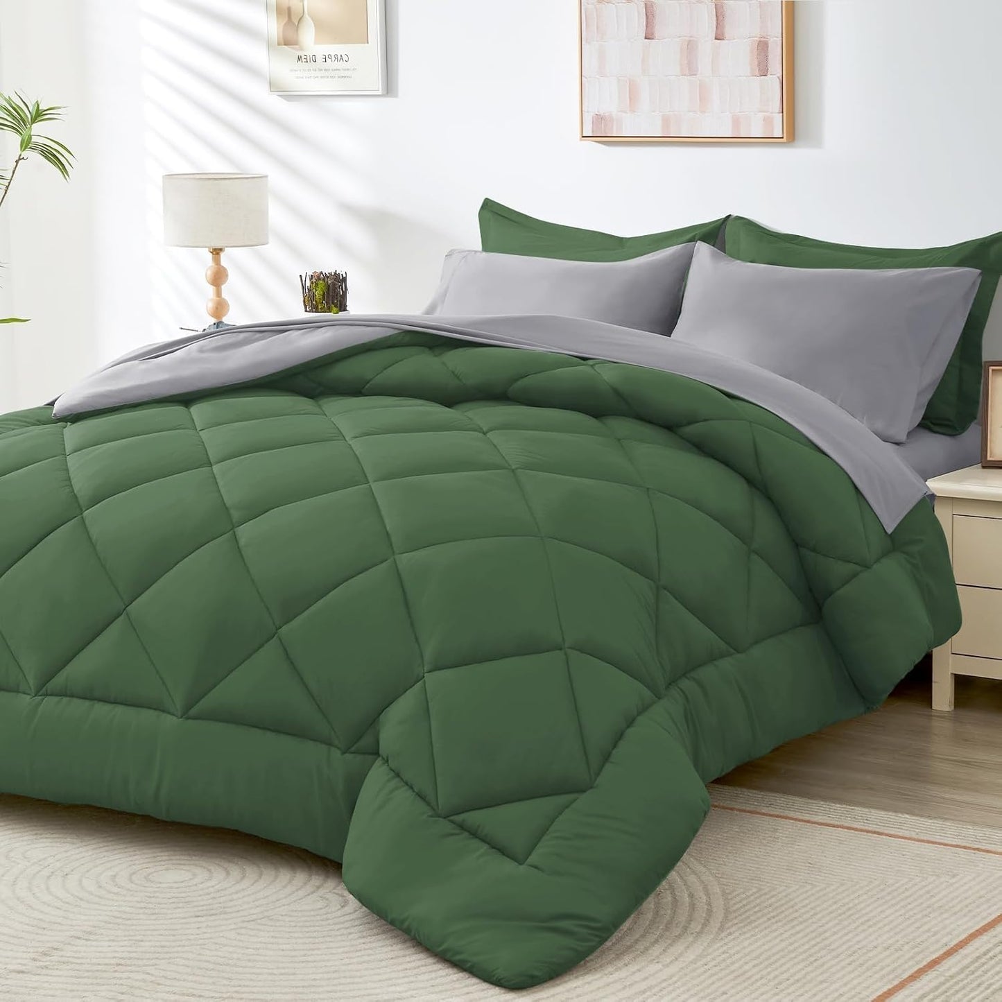 HEVUMYI Cali-King Comforter Set - 7-Piece All Season Bed in a Bag Cali-King, Ultra Soft Bedding Set with Comforter, Flat Sheet, Fitted Sheet, Pillowcases, Pillow Shams, Green & Light Grey