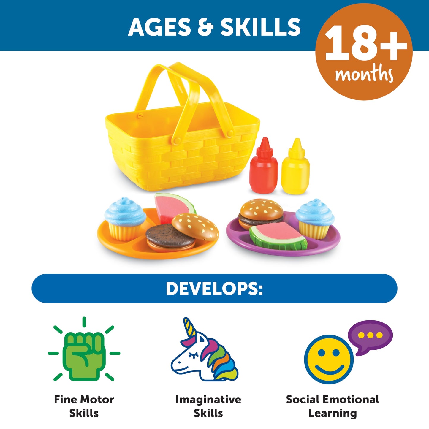 Learning Resources New Sprouts Picnic Set - 15 Pieces, Ages 18+ months Pretend Play Food for Toddlers, Preschool Learning Toys, Kitchen Play Toys for Kids