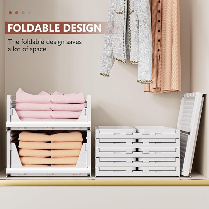 5 Pack Folding Closet Organizers Storage Box, Stackable Storage Bins, Plastic Drawer Basket Closet Storage for Wardrobe Cupboard Kitchen Bathroom Office White-5L