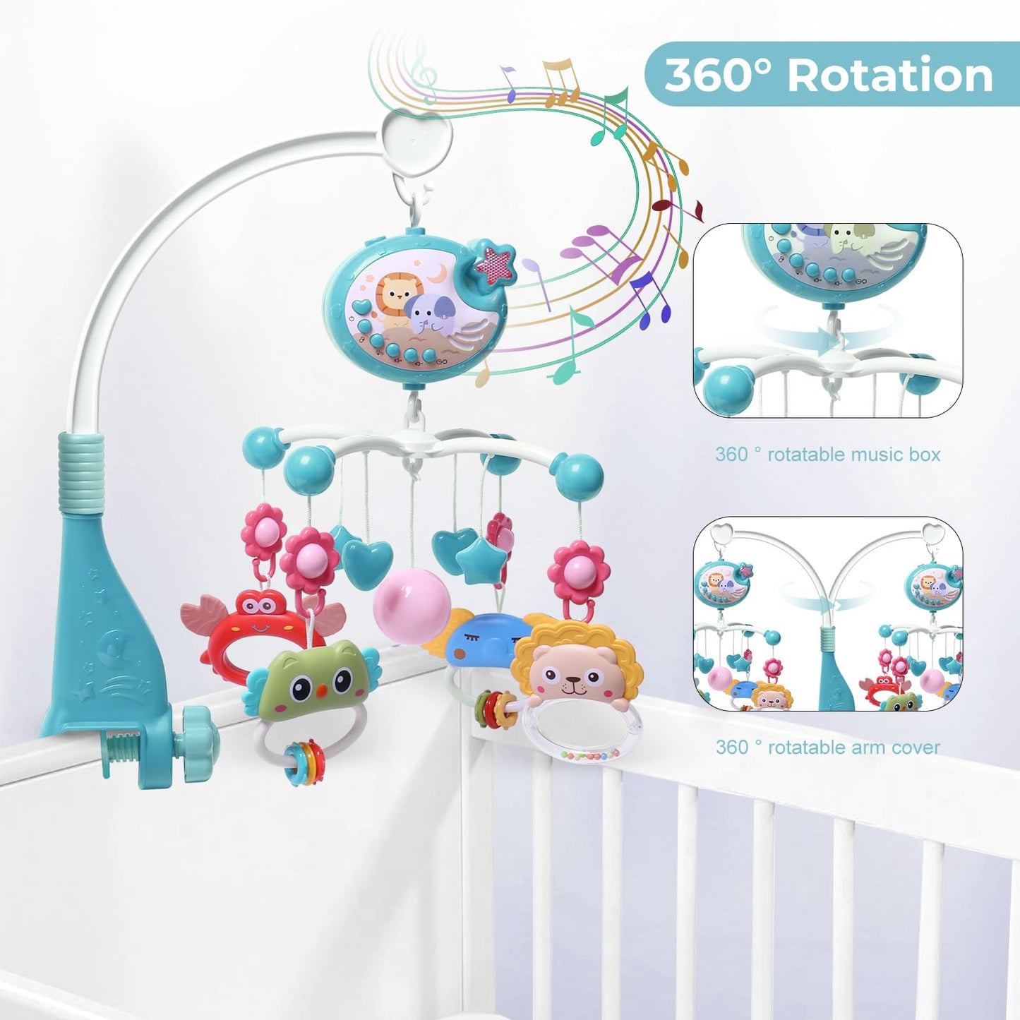 YUNGCHI Baby Mobile for Crib with Crib Toys Music and Lights for Pack and Paly Crib Musical Carousel Mobile Baby Mobile for Girls and Boys Portable Mobile for Baby Bassinet Toys Hanging - Blue