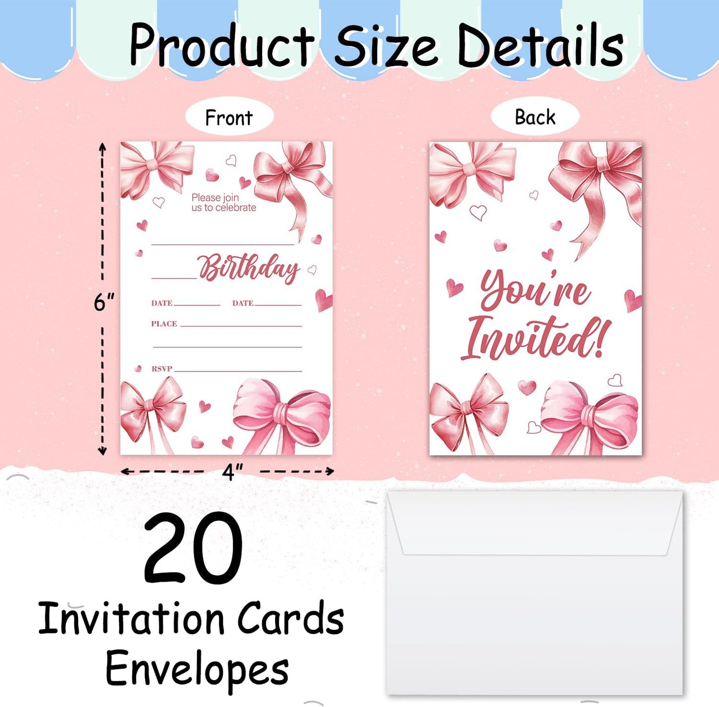 Pink Bow Birthday Invitations, Cute Bow Party Invitations, 20 Double-Sided Fill In Invitation with Envelopes for Boys Girls, Birthday Party Decorations Favor