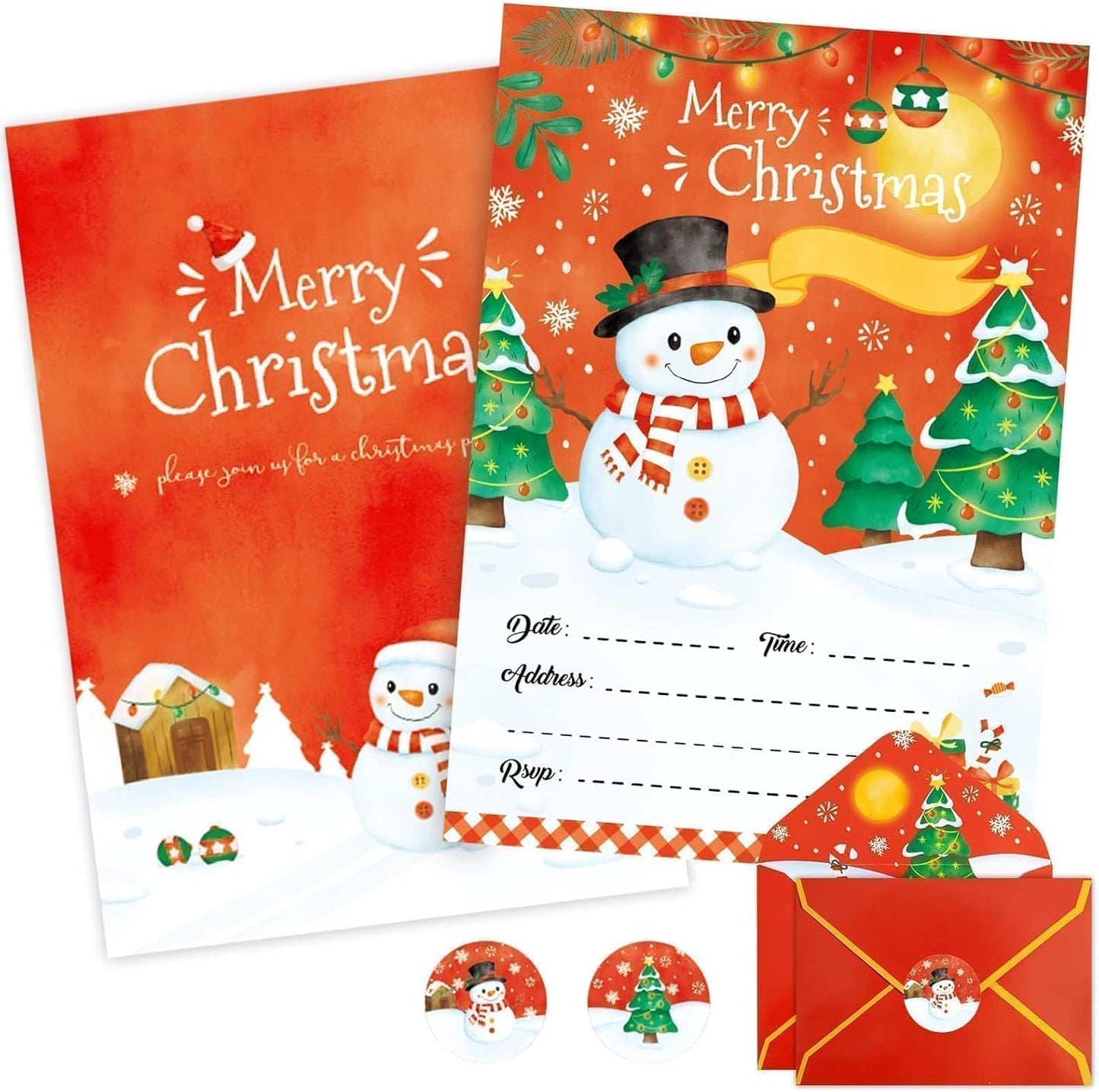 WERNNSAI 24 Pack Christmas Party Invitations - Christmas Snowman Invitation Cards with Envelopes Stickers for Kids Red Xmas Invites for Christams Holiday Winter Party Supplies with Snowman Design