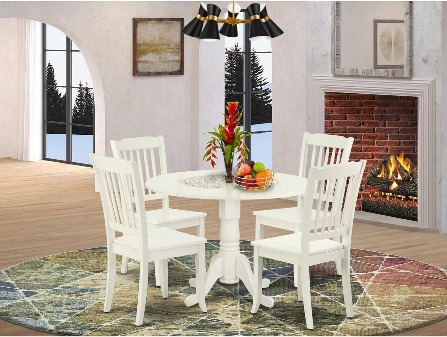 East West Furniture DLDA5-LWH-W 5 Piece Dining Room Furniture Set Includes a Round Kitchen Table with Dropleaf and 4 Dining Chairs, 42x42 Inch, Linen White
