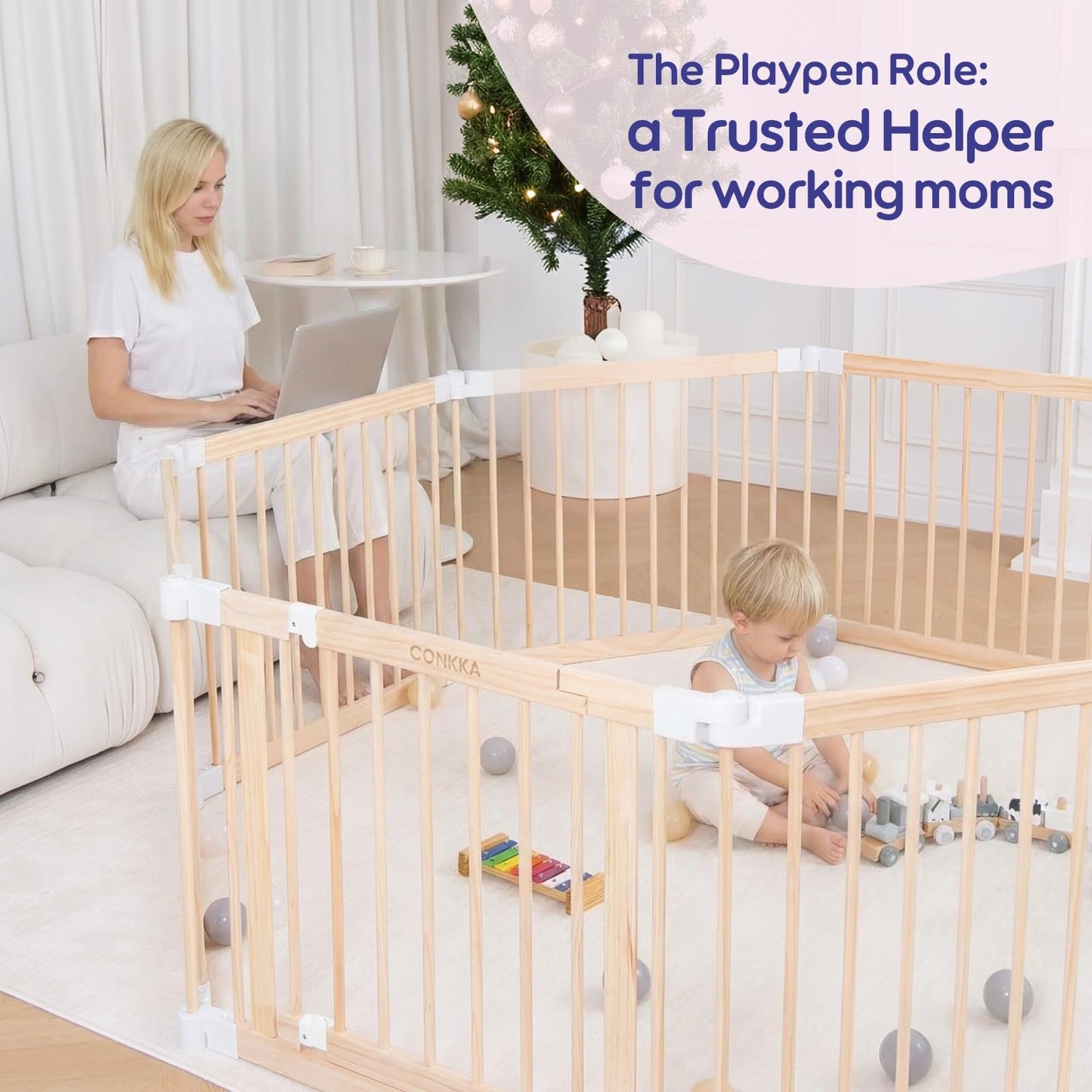 CONKKA Foldable Wooden Baby Playpen Large Play Yard for Babies, 2-in-1 New Mom Helper Portable Fence, 25" Tall Custom Wood Gate with Adjustable Size & Shape for Infants 3-18 Months -63x63x25 inch