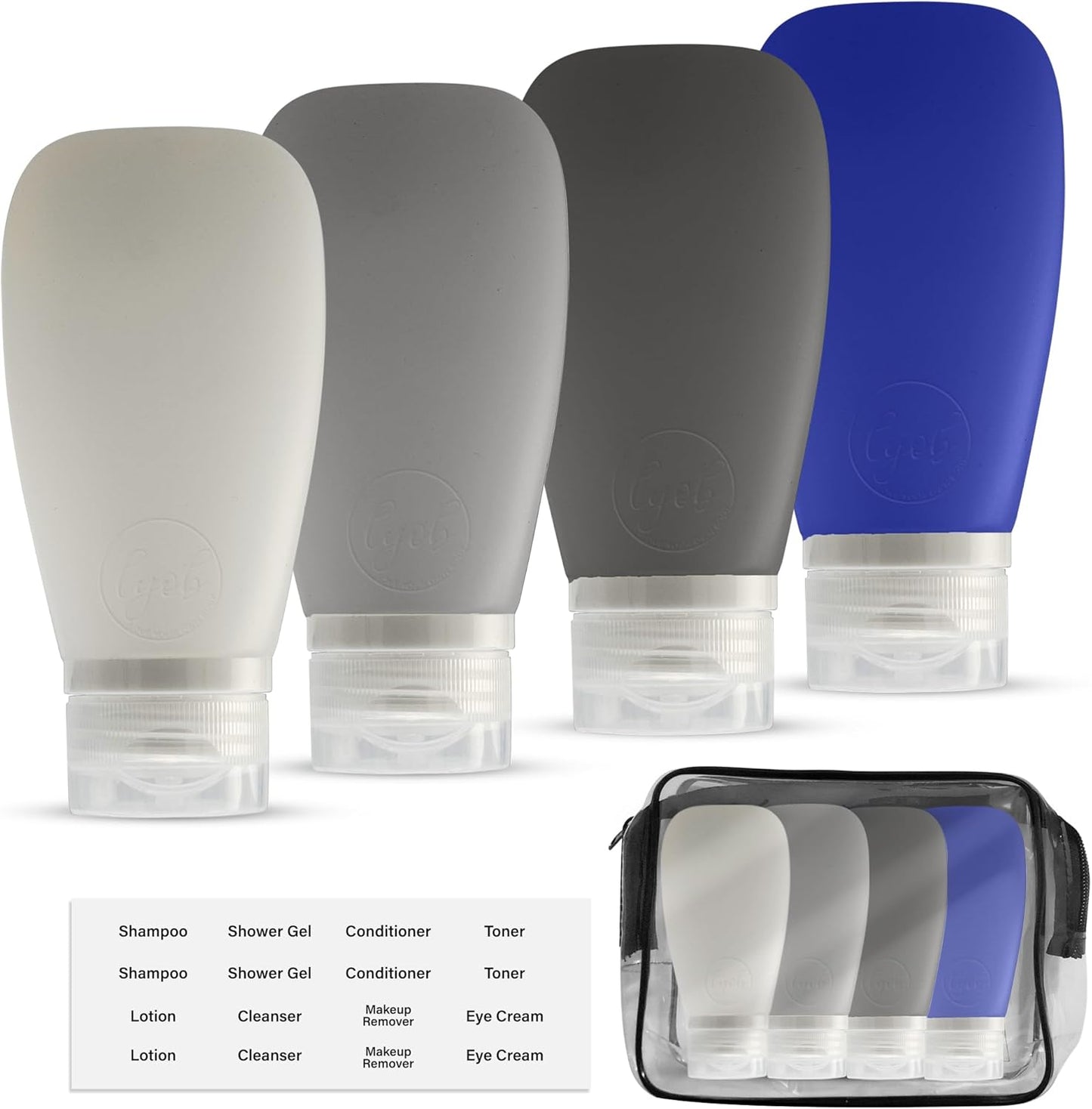 Travel Bottles for Toiletries, TSA Approved 3oz Leak Proof Silicone Refillable Squeeze Travel Size Containers BPA Free for Cleansers, Lotions, Shampoo, Conditioner 4pk With Bag(W,G,Blk,Bl)