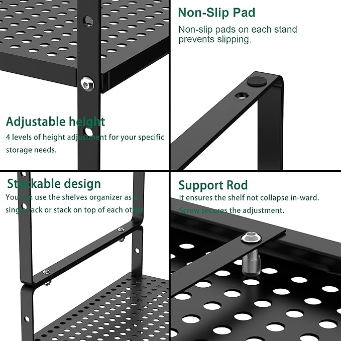 Redrubbit Expandable Cabinet Storage Shelf, Adjustable Height Steel Metal Kitchen Counter Organizers Shelves Spice Rack for Kitchen Pantry Bathroom Cupboard Desk Home Office, Black-2 Pack