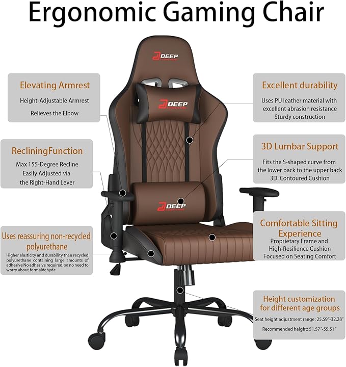 Video Game Chair Ergonomic Comfortable Gaming Office Chair Height-Adjustable with a 360° Swivel Base and Headrest(1002-Brown)