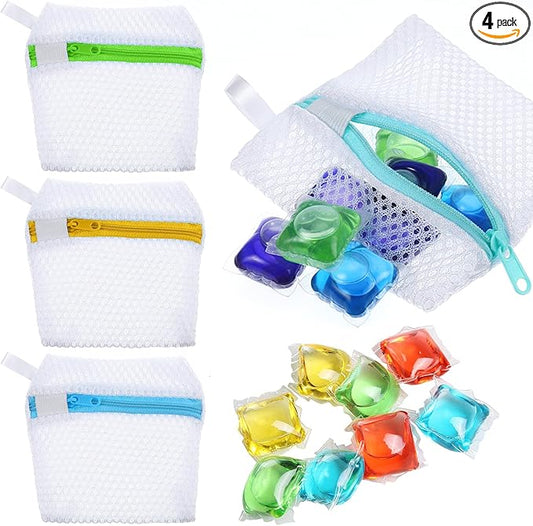 4PCS Laundry Pod Anti-Sticking Bag, Mesh Wash Bag Laundry Pods Dissolution Protection Bags Mini Washing Machine Underwear Washing Bags Scent Beads Storage Laundries Pouch Travel-Friendly