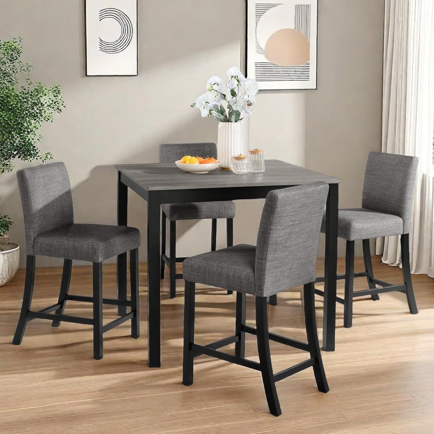 Dining Table Set for 4, 5-Piece Kitchen Table & Chairs Set with Square Wooden Table & 4 Upholstered Chairs, 35.5'' Dinner Set with Solid Wood Legs & Curved Backrest for Kitchen, Black
