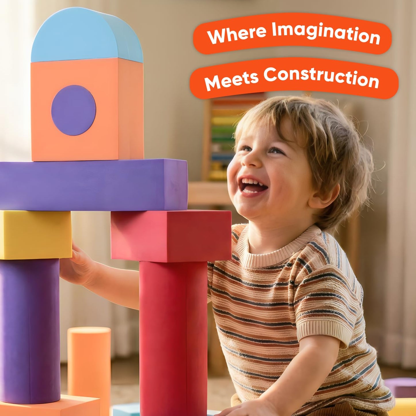 Set of 34 Large Foam Blocks for Toddlers - Stacking Soft Blocks for Kids with Shapes & Colors Learning - Construction Building Preschool Toys - Soft Toy for Daycare Toddlers 3-5 & Above