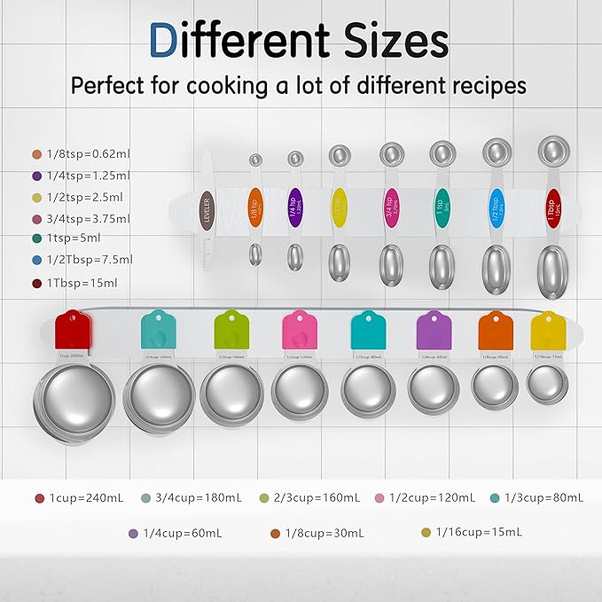Magnetic Measuring Cups and Spoons Set, 8 Nesting Stainless Steel Measuring Cup Set with Easy to Read Markings, 7 Magnetic Measuring Spoons & 1 Leveler for Measuring Dry or Liquid Ingredients
