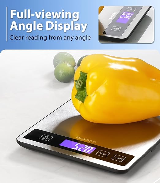 Food Scale - 15kg/33lb Rechargeable Digital Kitchen Scale with Full-View LCD Display, Grams and Ounces, Type-C or Batteries (Not Inc.), Easy Clean Stainless Steel, for Baking, Cooking, Black