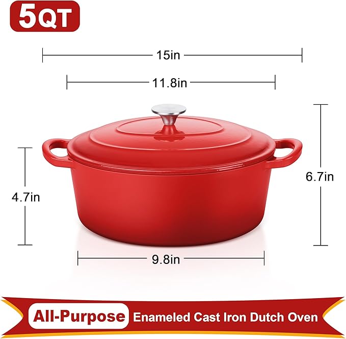 E-far 5QT Oval Dutch Oven Pot with Lid, Enameled Cast Iron Dutch Oven with Dual Handles for Sourdough Bread Baking Cooking, Nonstick Enamel Coated Cookware(Red), Non-Toxic & Easy Clean