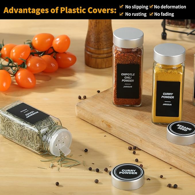 24 Glass Storage Jars- Spice Jars with Label-4oz Spice Containers with Shaker Lids and Silvery Lids,3 Sets of Spice Labels for Spice Rack