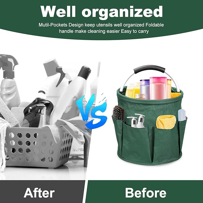 Cleaning Caddy for Cleaning Supplies, 17L Cleaning Supply Caddy with Handle Foldable Cleaning Supplies Organizer Bucket Tool Bag Organizer Cleaning Products Organizers for Home, Garden (Dark Green)