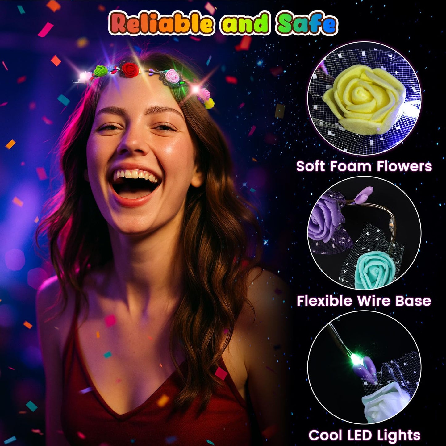 LovesTown 60PCS Glow in the Dark Party Supplies, Flower Crowns for Women Light Up Flower Crown, Light Up Party Favors for Raves Birthday Wedding Reception Mardi Gras Cosplay