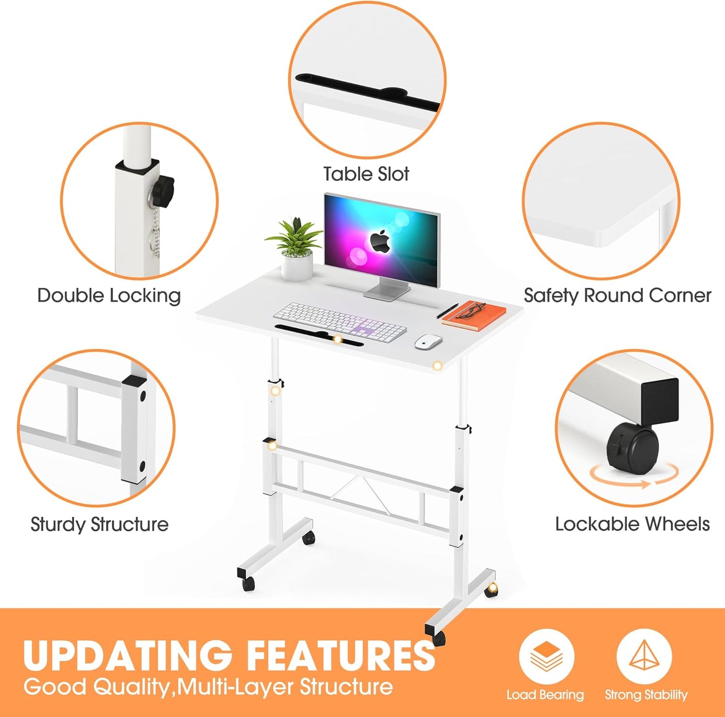 Klvied Small Standing Desk Adjustable Height, Mobile Table with Wheels, Portable Laptop Table, Standing Computer Desk for Walking Pad (White)