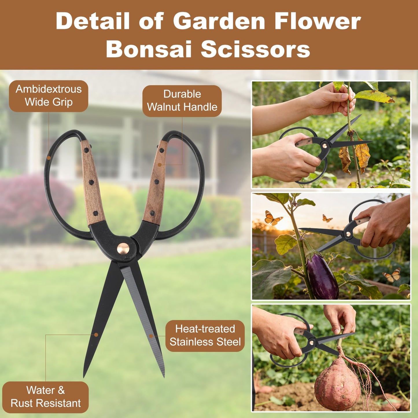 Dekeliy 2Pack Garden Pruning Shears Set: Ultra Sharp SK5 Blade Gardening Shears & Precision Garden Scissors,Wood Like&Wide Walnut Ergonomic Handle,Perfect for Plant,Bonsai,Shrub,floral,Branch Trimming