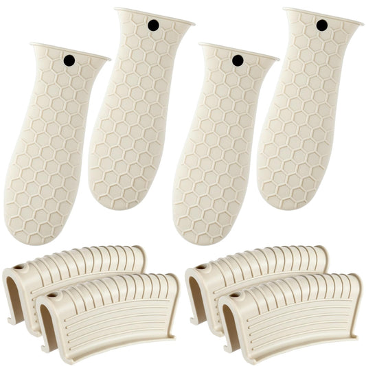 Patelai 8 Pcs Silicone Pot Holders Set Cast Iron Handle Cover Heat Resistant Pot Handle Covers Potholder Non Slip Reusable Pan Sleeve for Frying Pan Kitchen Supplies(Khaki)