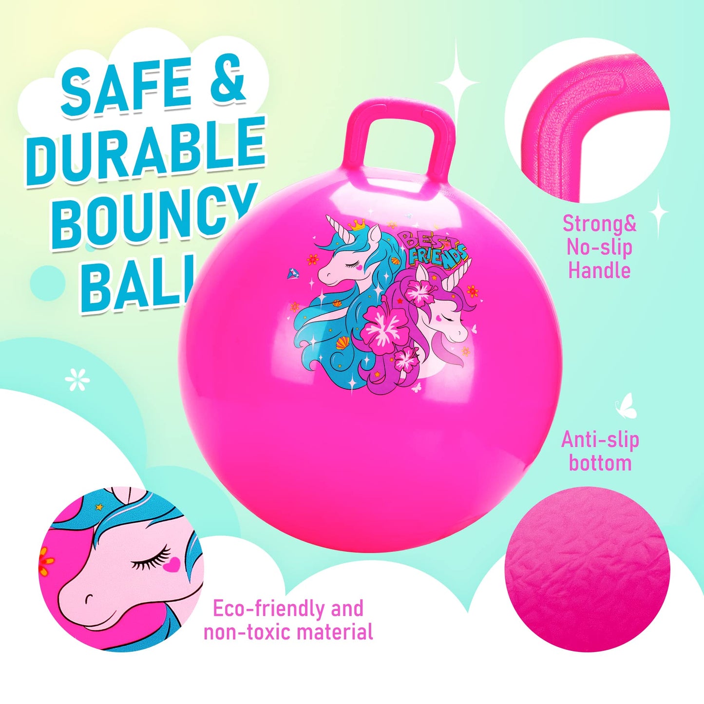 U&C Planet Hopper Ball 20 inches Bouncy Ball with Handle for Kids Age 5 6 7 8 9, Sit on Bounce Jumping Hopping Toy with Pump, Great Toddler Girls Toys for Birthday Gifts, Pink Unicorn